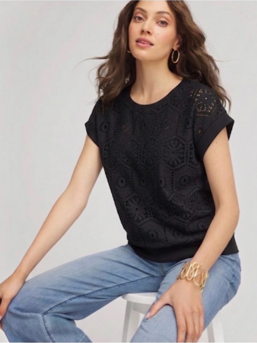 Chico’s Crochet Cotton Pima Blend Banded Top Black 2= L 12-14